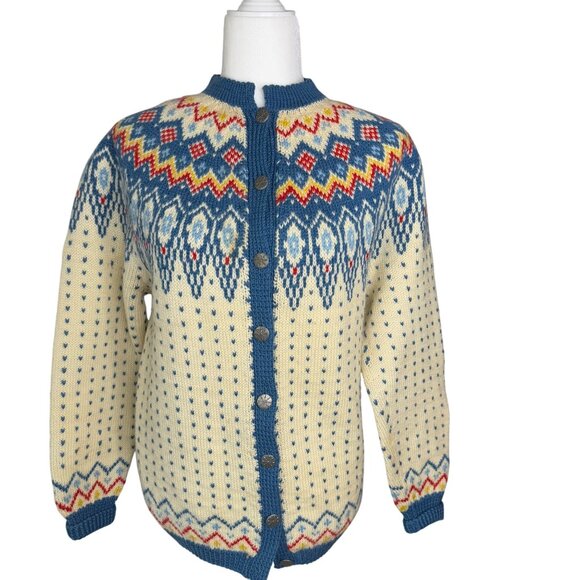Vintage Norwegian Wool Cardigan Nordic Ski Sweater with Silver Buttons Medium - Picture 1 of 9
